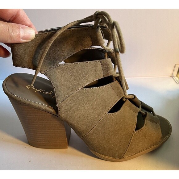 Qupid Women's Gladiator Block Heels Lace Up Peep Toe Ankle Tan Size 8.5 - Picture 4 of 8